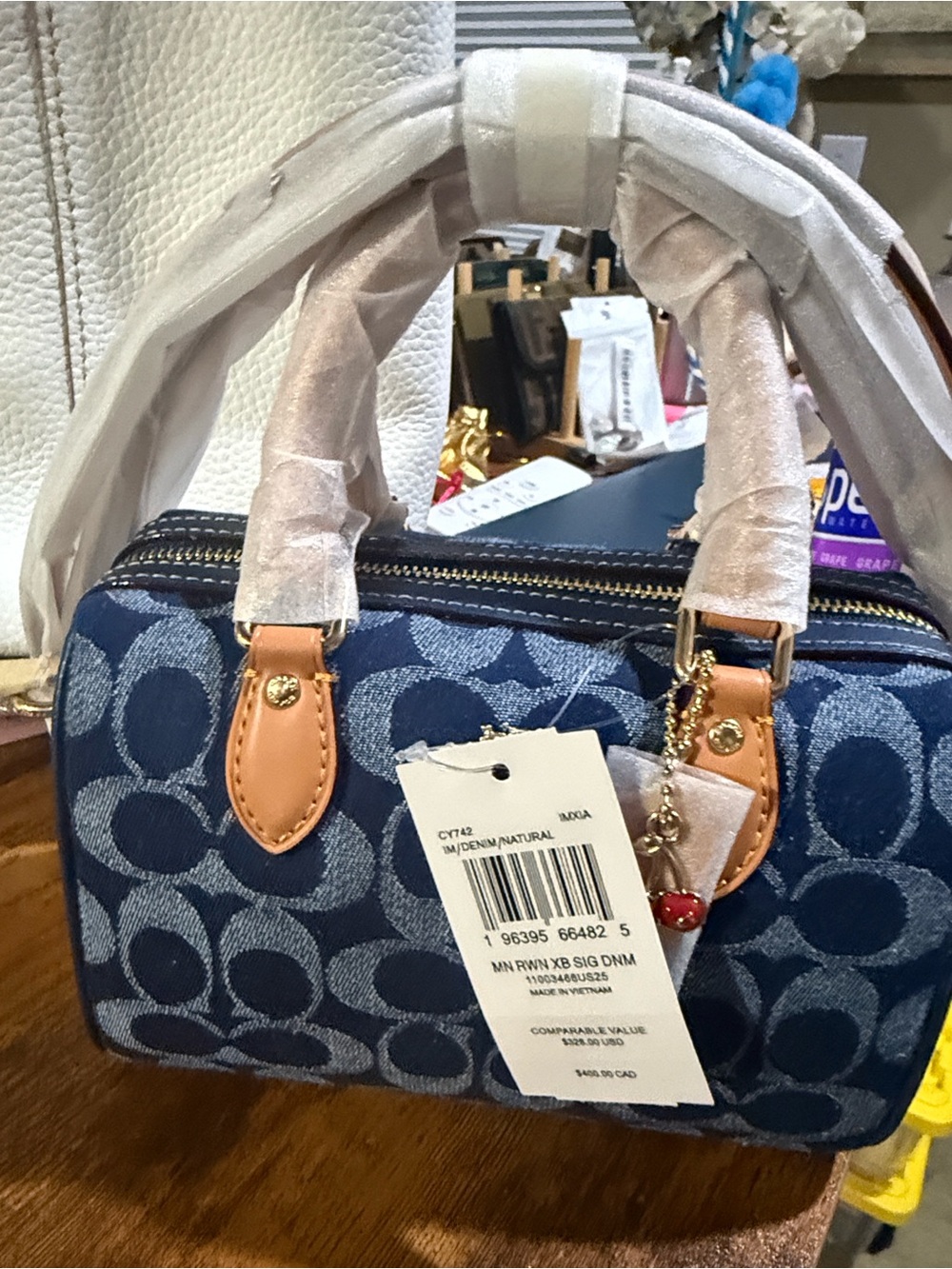 Coach Blue Denim Signature Mini Satchel with Tan Leather Trim